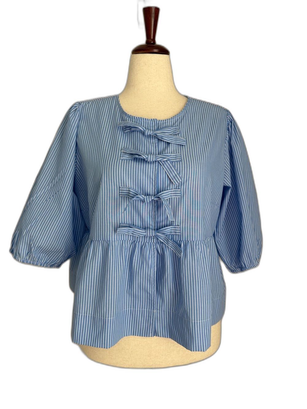Velvet Heart Blue White Stripe Bow Front Babydoll Blouse Large Cotton NWT